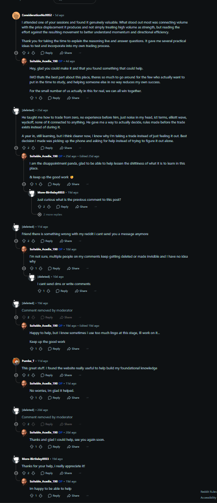 Screenshot of the full Reddit thread on the Chart Whisperer profile post, 13 September 2026, including replies, deleted users and comments removed by a moderator
